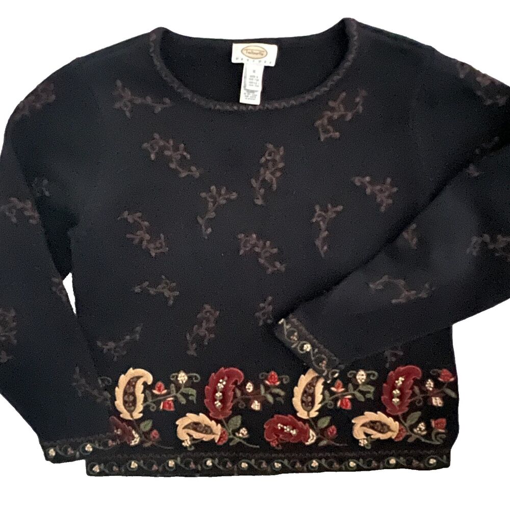 Talbots Sweater M petite Black Paisley Embroidered Oversize